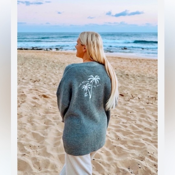 SOLD! THE BEACH PEOPLE Gray Twin Palms Chunky Knit Open Front Cardigan XL/2XL - Picture 13 of 16